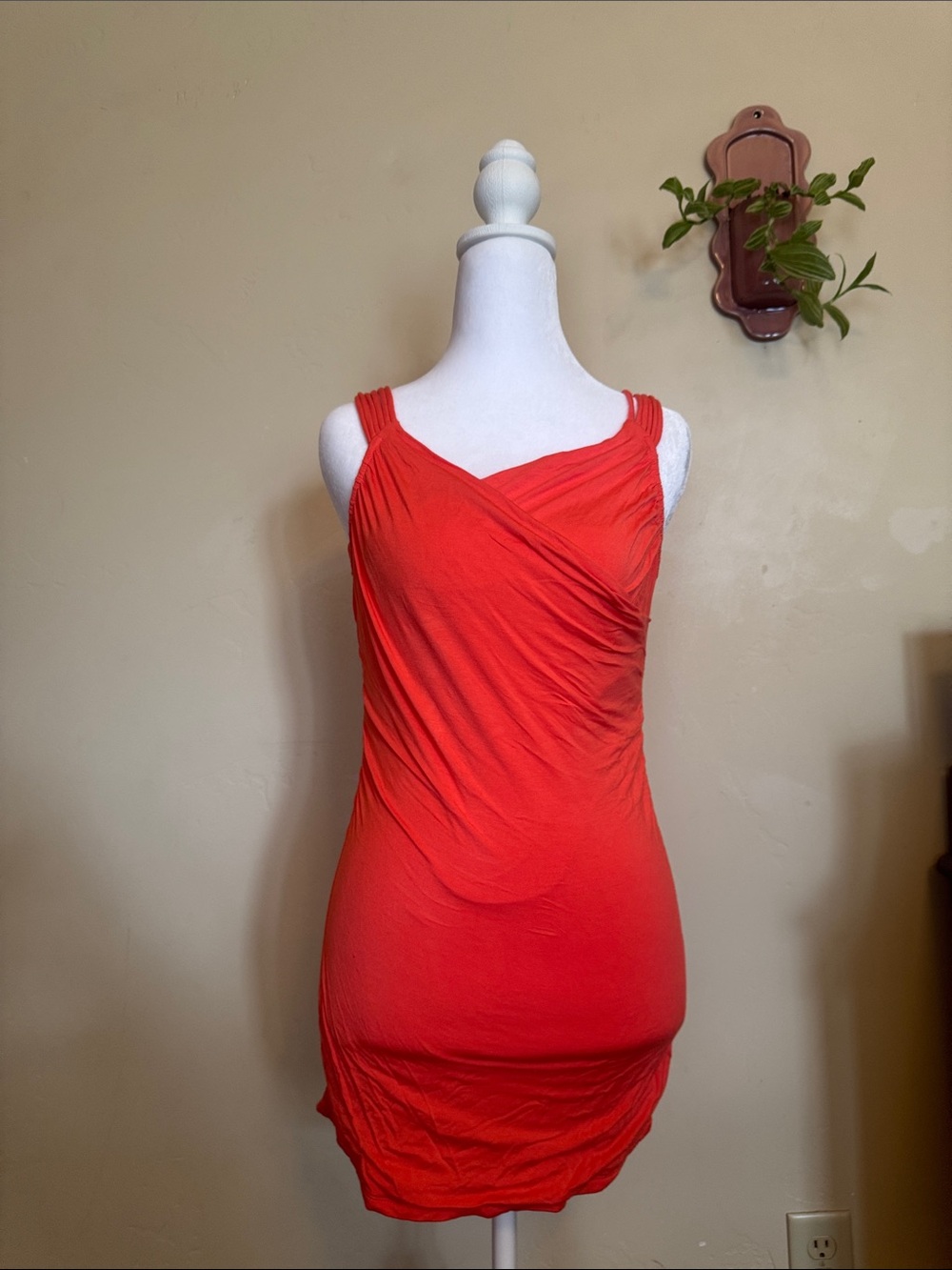 Strappy Coral-Red Mini Dress with Draped Wrap Front